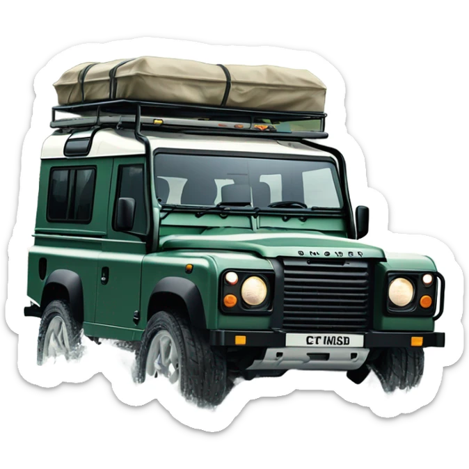 A four-wheel drive Land Rover crossing a shallow river in a rainforest, with trees in the background and splashing water, representing versatility and strength. sticker