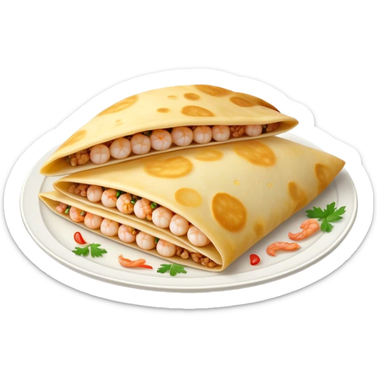 Bánh Xèo Cinematic Realistic Bánh Xèo Dish Emoji, depicted as a crispy, folded semi circle crepe filled with tiny shrimp and pork, rendered with dynamic textures and vibrant, appetizing lighting. sticker