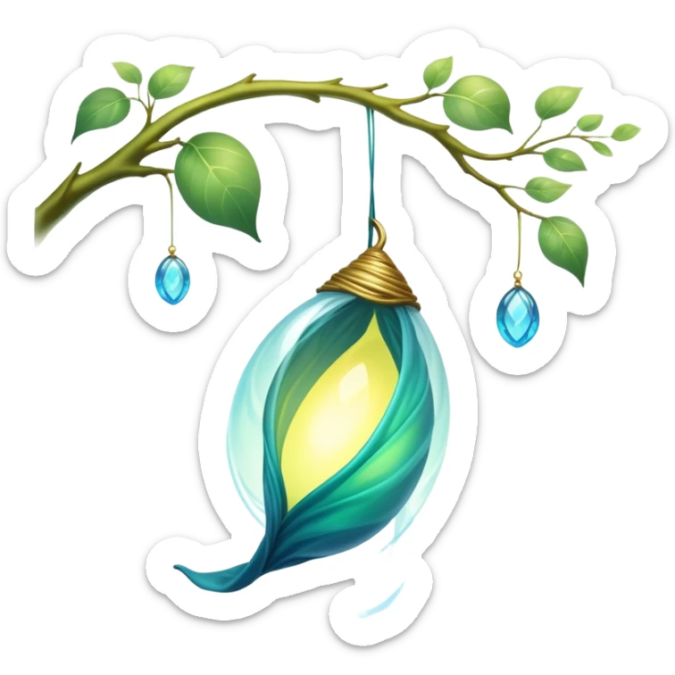 magical organic cocoon suspended from a branch, green-blue cocoon lit up, swirling yellow magic, ethereal and mystical, symbol shape, gentle green-blue hues sticker
