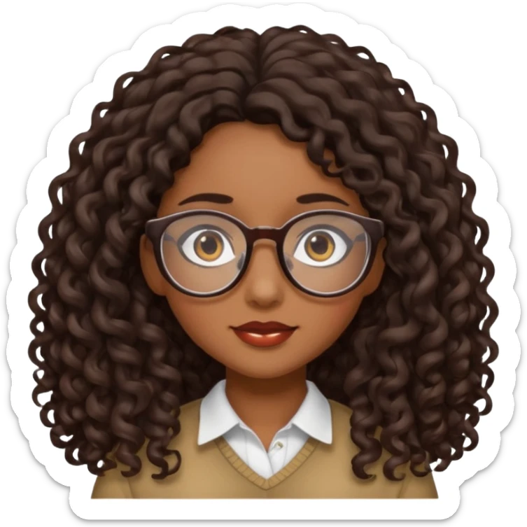 Chica con cabello rizado largo color cafe oscuro ,piel morena que use lentes. sticker