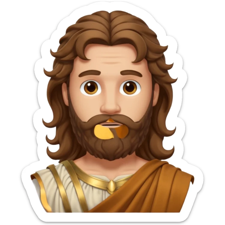 Hercules from The Olympians with long brown wavy hair and beard, bronze toga sticker