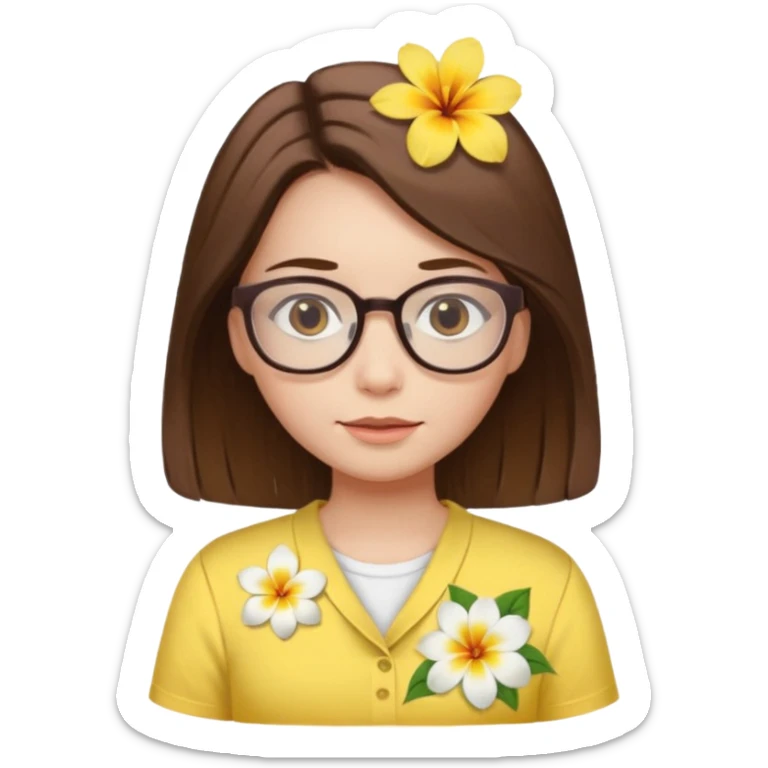 female with white skin. Shoulder length straight brown hair. Brown eyes with glasses. Hawaiian Flower in hair. Female wearing baby yellow shirt. sticker