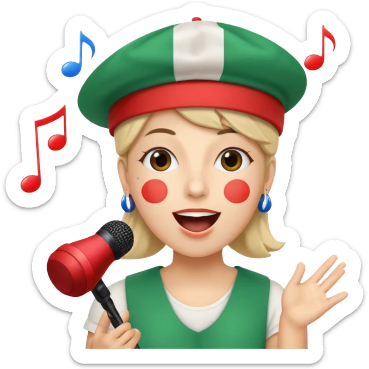 whimsical emoji of a person with an Italian flag hat, singing 'larili larila' with musical notes, playful and silly expression, vibrant colors, cartoon style sticker