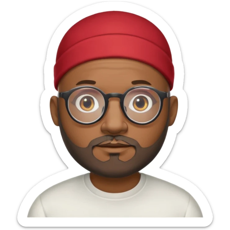 African american male, bald, salt and pepper beard. Round face, glasses sticker