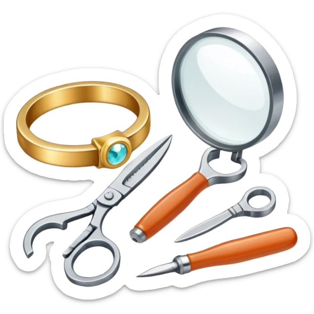 Jewelry art icon, one or two jewelry pieces (like a ring or pendant), visible tools like pliers, magnifying glass, and a workbench with materials, minimalistic style, clean lines, transparent background. sticker