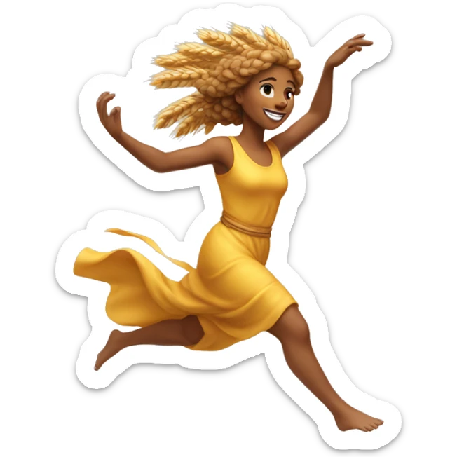 wheat harvest goddess, golden brown hair, sprinting with large stride and arms outstretched sticker