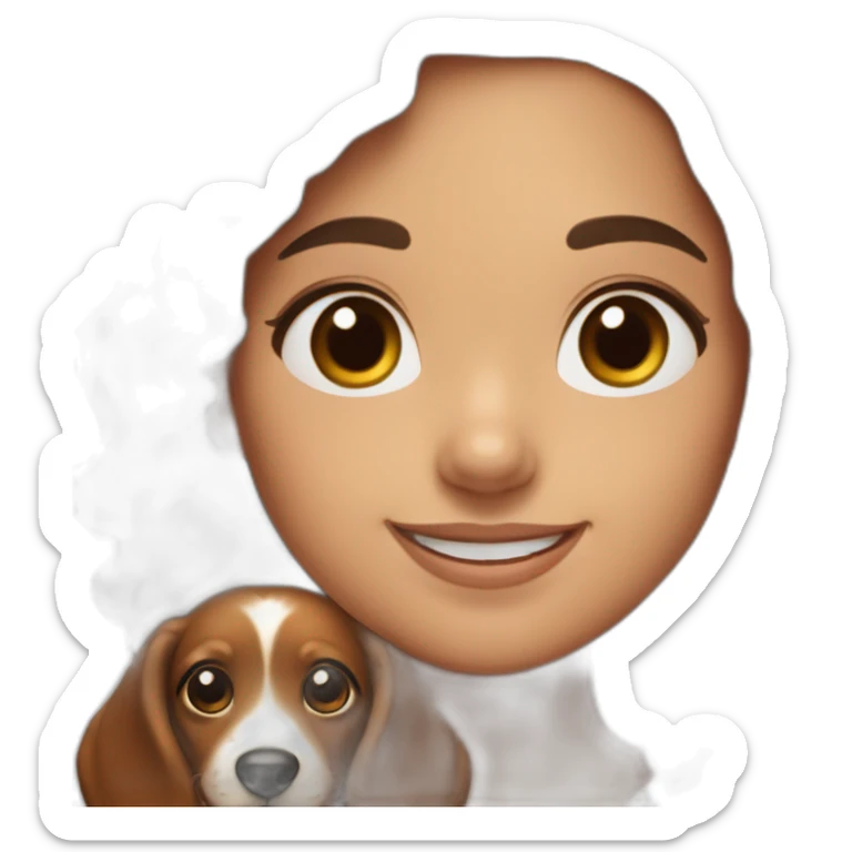 Girl long curly brown hair smiling and brown eyes with long eyelashes and holding a dachshund  in her arms sticker