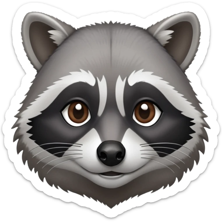 Cinematic-Noble-Raccoon-Portrait-Emoji – Poised and confident, with a sturdy build and a beautifully textured fur of silver-grey accented by dark black facial markings, deep-set, intelligent brown eyes, simplified yet sharp and sophisticated. sticker