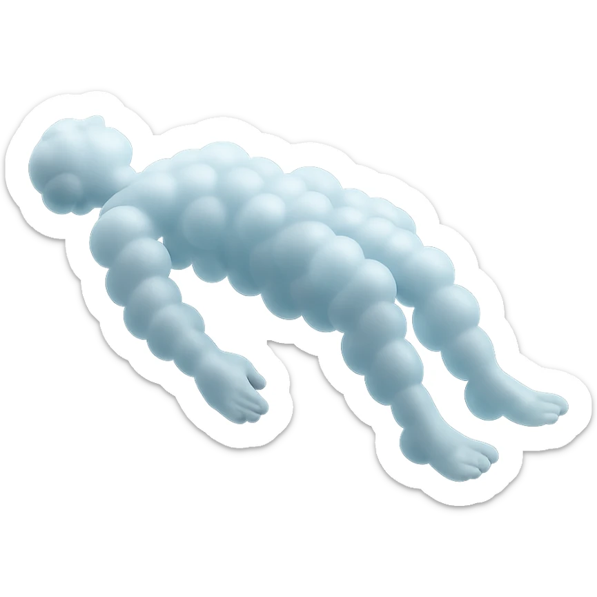 side view of unconscious person flying torso up, legs and arms down, made of small very bright white fluffy convex clouds, matte glass style sticker