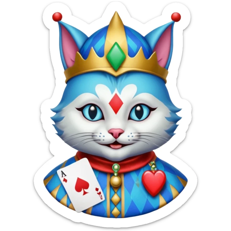 crazy colorful cute little cat jolly joker from poker, medieval, vintage, court jester, mac os icon, blue color, holds an ace poker card (clearly detailed and precise) sticker