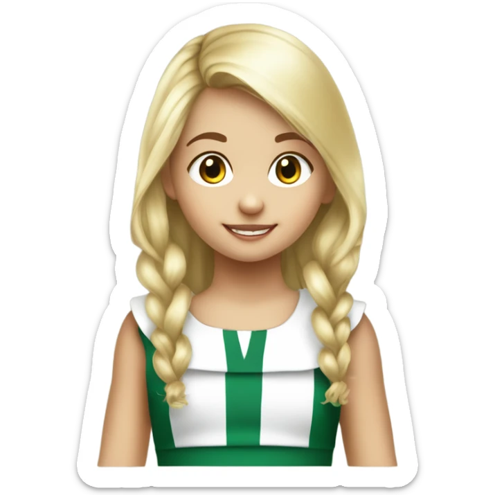 niña pequeña con melena por los hombros rubia y flequillo. Ropa babero de colegio a cuadros verde y blanco sticker