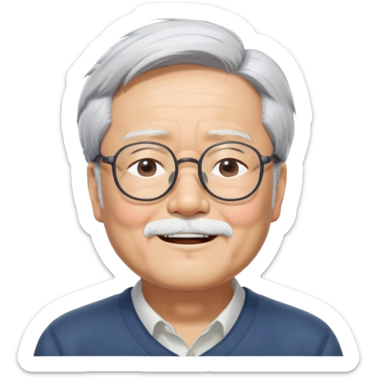 _cinematic-realistic-portrait-of-hayao-miyazaki,-depicted-with--large-rectangular-glasses,-his-happy-expression-rendered-in-lifelike-detail,-illuminated-with-soft,-realistic-lighting-that-emphasizes-his-creative-genius, his eyes shut  closed because of his large smile. eyes are shut sticker