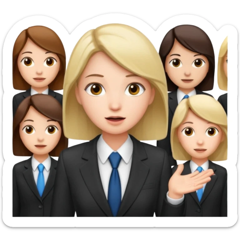 a girl in a suit tells a group of people something sticker