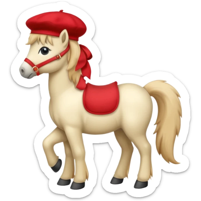 A cute pony (horse) emoji, full body, standing in side view, wearing a stylish red beret. sticker