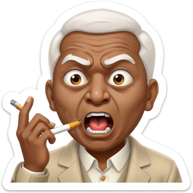 Emoji of Indian Gentleman named Delroy crasto absolutely screaming and foaming at the mouth while smoking through eyes sticker