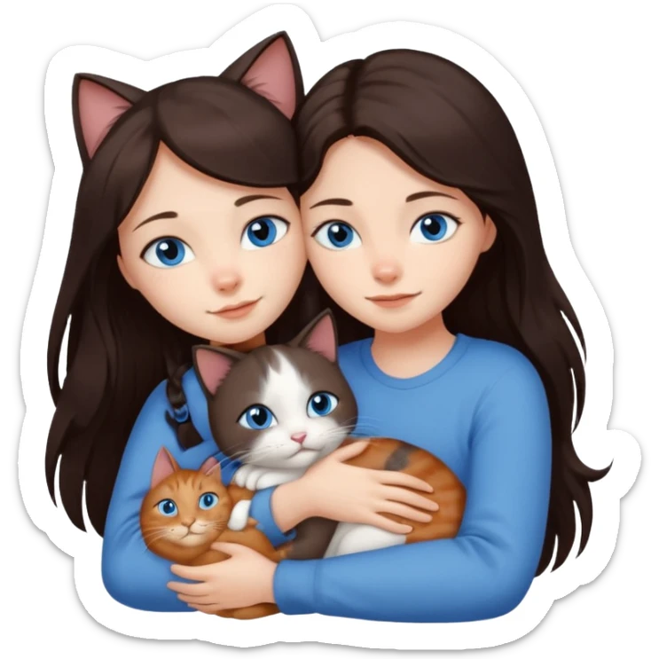 a girl with long dark 
brown hair, with blue eyes, hugs 3 different natural coloured cats sticker