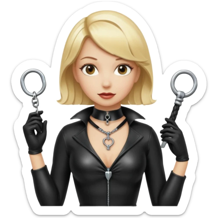 Dominatrix with blonde hair, latex outfit, old fashioned key necklace, and a whip sticker