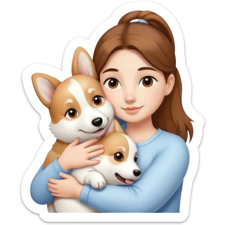 Girl with brown hair in a ponytail hugs a white corgi sticker
