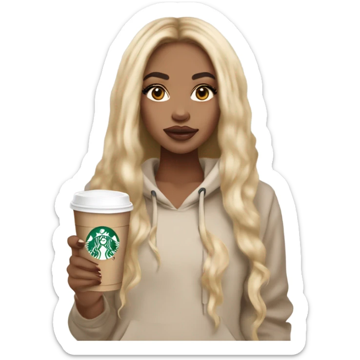 Light skin girl with long blonde hair extensions with big lips and lashes with a Starbucks in her hand and a beige hoodie on sticker