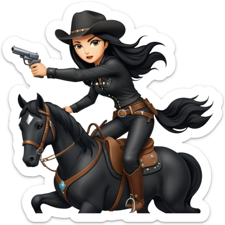 badass confident hot tanned woman with long black hair cowgirl style wearing black leather outfit with gun riding horse in action pose sticker
