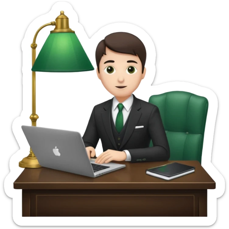 Mach mir einen Trader mit Anzug der mit seinem Laptop am schreibtisch sitzt mit so einer alten grünenlampenschirm lampe sticker