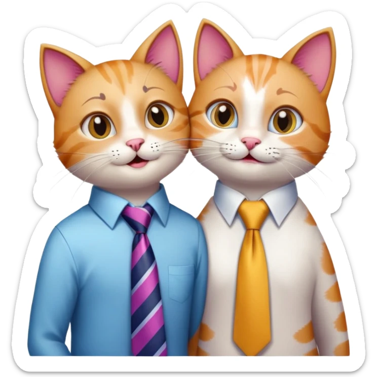 happy girl cat with eyelashes wearing a colorful necktie and happy boy cat wearing a professional necktie standing together and holding paws, both with loving expressions sticker