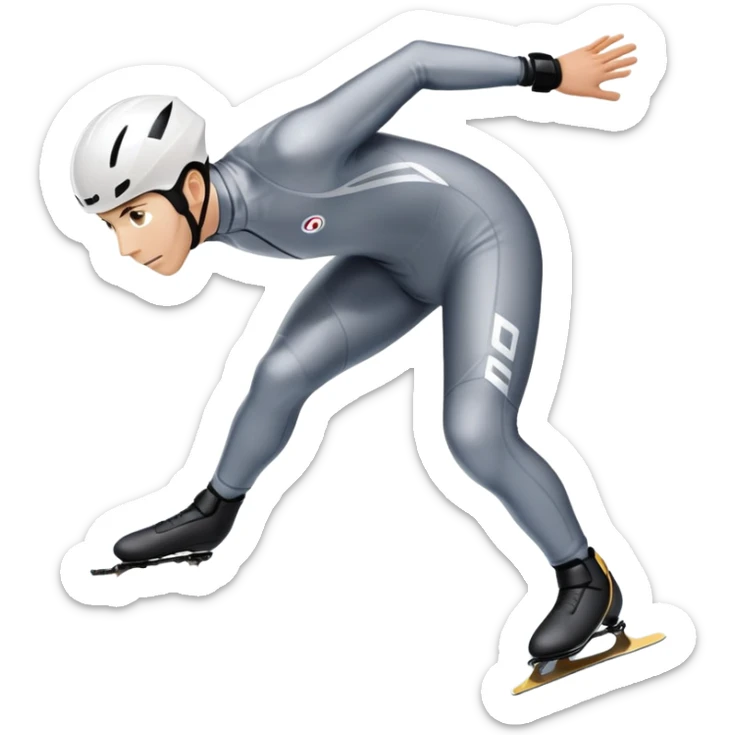 An icon showing a grand arena, snow-covered mountains in the distance, and a crisp blue sky. professional speed skater leaning into a turn on a polished ice track, dressed in a sleek suit and helmet. Transparent background highlights speed and precision. sticker