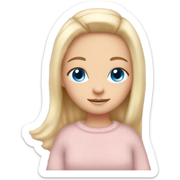 Pretty blue eyed white girl with light pink sweater reading cozy sticker