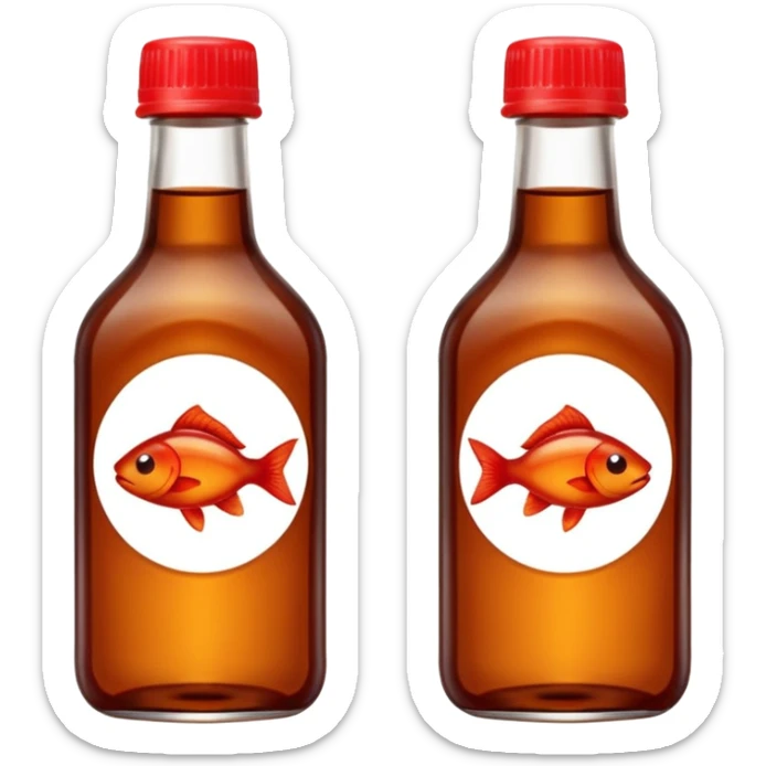 small glass or plastic bottle of fish sauce filled with amber-brown translucent liquid, simple clean shape, narrow neck, red or neutral cap, no label or branding, glossy fluid sauce with slightly oily sheen, soft lighting, subtle shadows, transparent background, emoji scale sticker