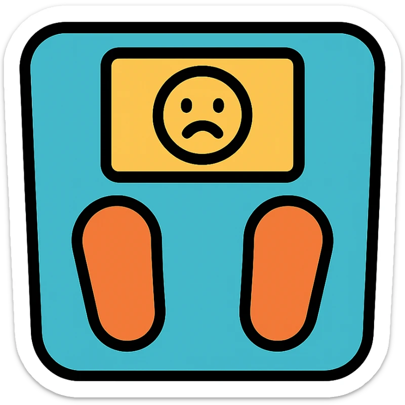 colorful icon of a bathroom scale with a frowning emoji on the screen sticker