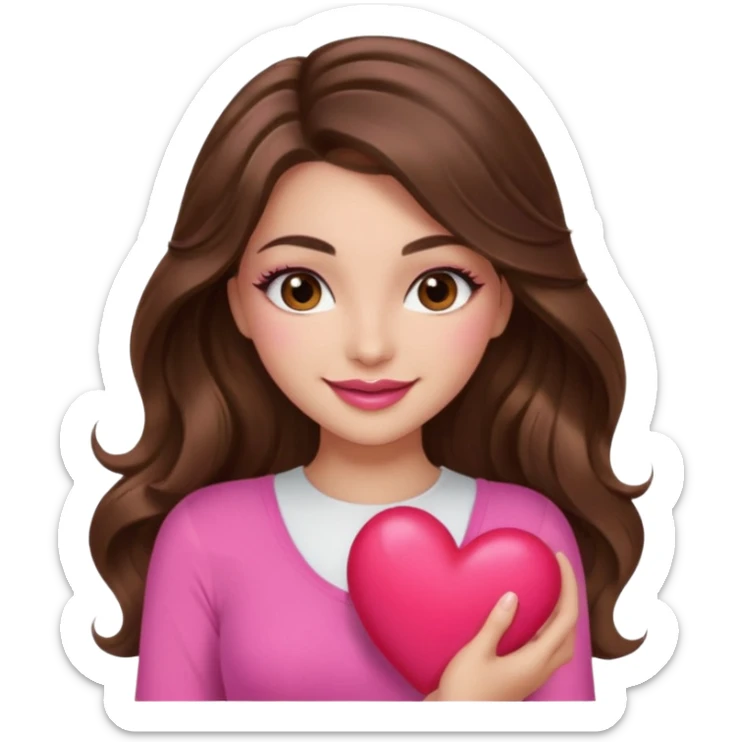 girl with long wavy brown hair, brown eyes, long lashes makeup, sexy pink lips, light to medium complexion, wearing a pink sexy top, smiling, holding a big heart sticker