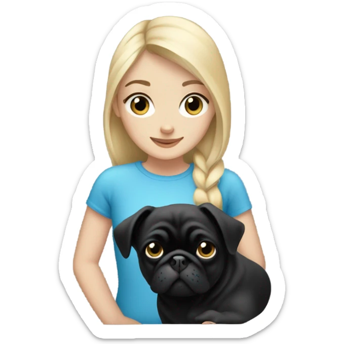 Girl with blonde hair and blue eyes holding a black pug sticker