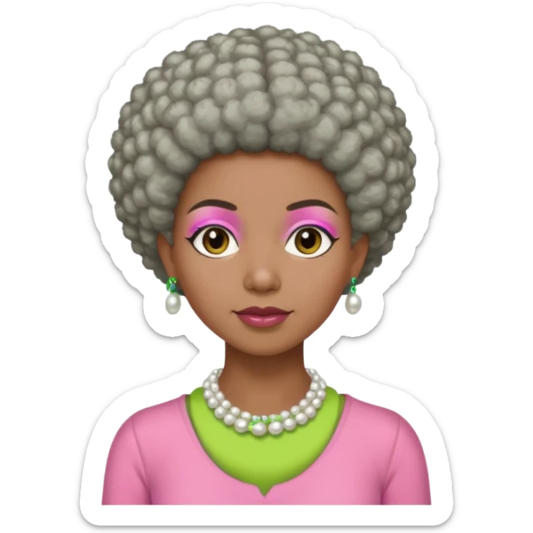 Brown woman with very short gray Afro  wearing pink and green outfit and pearl necklace  sticker
