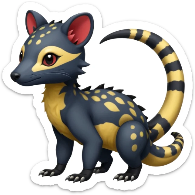 Rare warm-colored exotic cute epic aesthetic colorful Salandit-Civet-species-Fakemon-hybrid-creature, with markings, full body sticker
