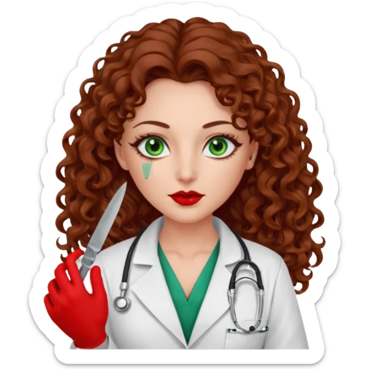 Lilith scalpel sexy evil woman. She has green eyes.  had brown long curly hair.  evil surgeon kills holding scalpel.  wears sexy doctor coat with red gloves. Covers nose, neck  and mouth with Muslim red berka sticker