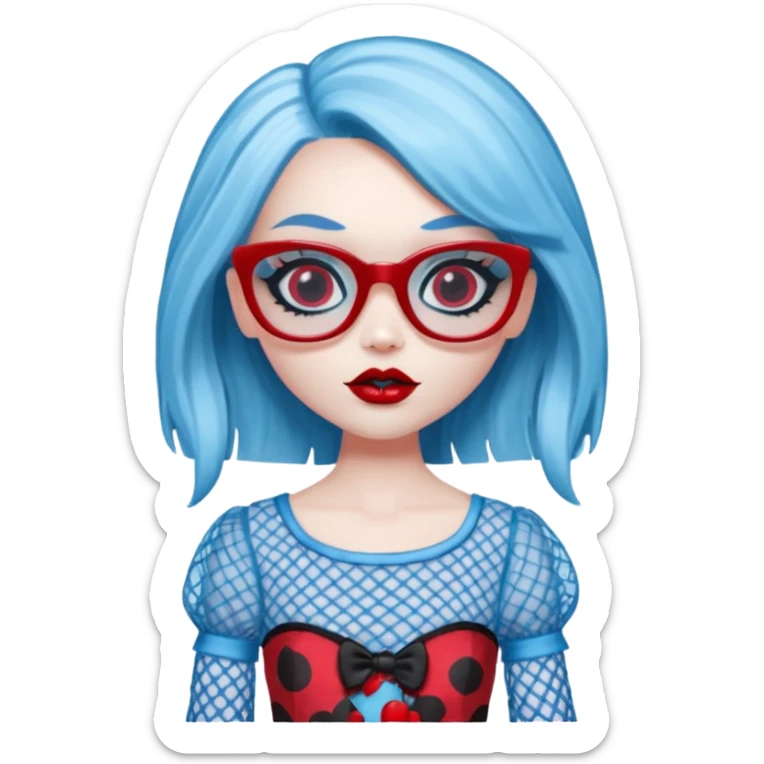 Ghoulia yelps monster high doll in scene/emo style cherry print dress with fishnet sleeves, clothes, thin, small, red, rectangle glasses, pale white-blue skin sticker