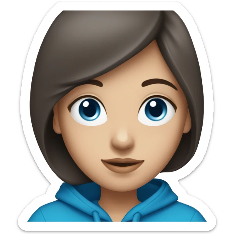 caucasian girl with dark brown hair and bright blue eyes wearing a blue hoodie drinking tea sticker