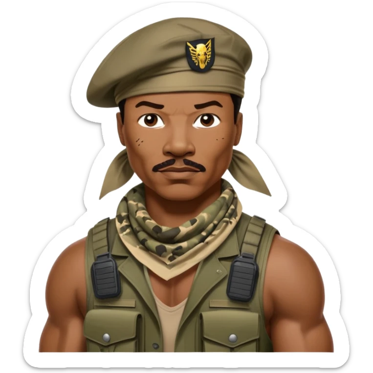 Carl Weathers as Dillon from Predator movie, muscular man in military gear with bandana sticker