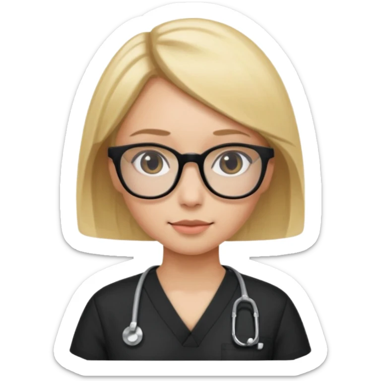 A girl in black scrubs with a blonde bob and glasses minus stethoscope  sticker