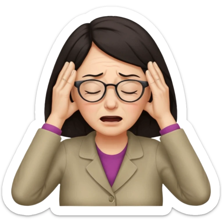 middle aged woman with dark hair and glasses covering her ears, wincing in pain because the sound is terribly loud and hurting her ears sticker