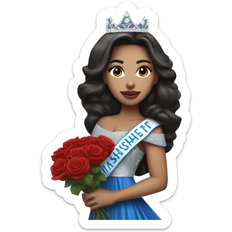 Beauty queen with light skin and dark hair, wearing Miss Massachusetts sash and wearing a crown and blue sparkly dress holding red roses sticker