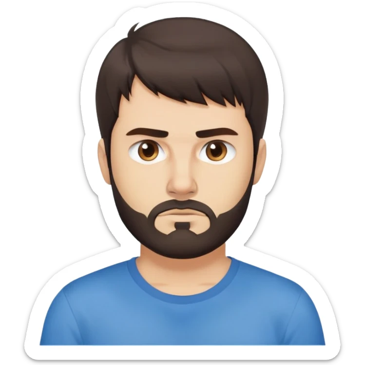 Caucasian Argentine man with straight dark brown hair, loose hairstyle with bangs, short full beard, serious-neutral expression, basic blue t-shirt sticker