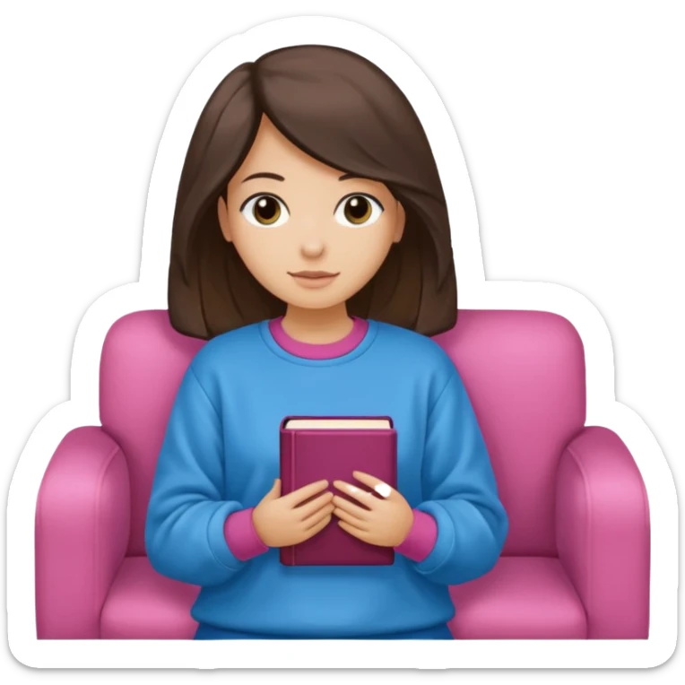 Una chica linda de cabello oscuro con ondas hasta los hombros de piel blanca con una sudadera rosa en un sofá cómodo y hermoso leyendo la biblia sticker