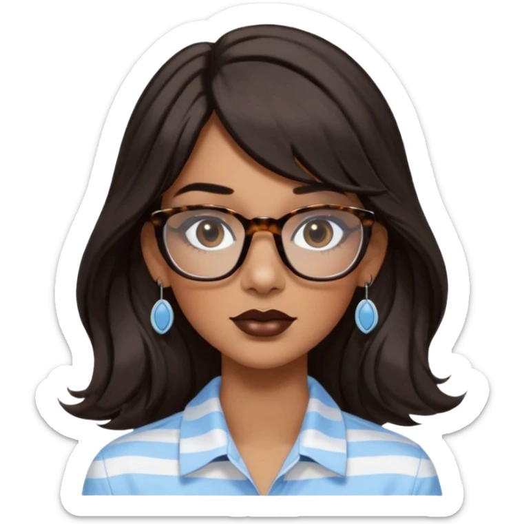An emoji featuring a woman with very long wavy dark brown hair and a whispy straight bang, wearing thick tortoise square shaped glasses, drop earrings. She has long lashes, black eyeliner and a nude browny glossy lipstick. She's wearing an oversize light blue shirt with white vertical strips.  sticker