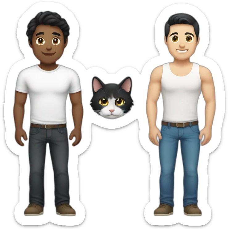 Gay couple, 1 guy Latino black straight black hair and 1 Australian white guy with blonde slightly curly hair holding a cat sticker
