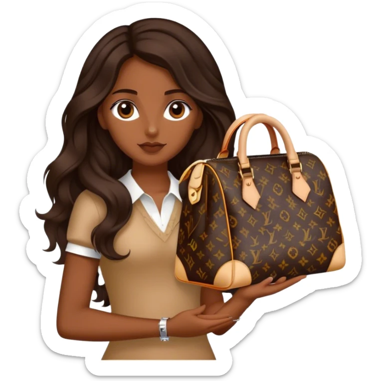 Brown girl with long dark brown medium wavy hair carrying a Louis Vuitton bag on her arm sticker