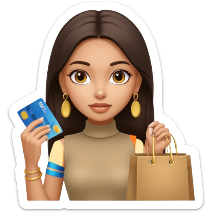 a pretty bratz fair indian girl wearing a beige sleeveless turtleneck, golden earrings, straight ling hair, holding bank cards, dark brown hair, carrying shopping bags sticker