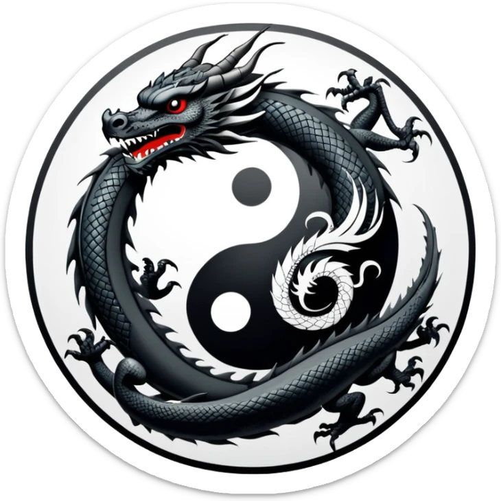 An icon symbolizing Eastern martial arts in the style of an emblem, featuring a black-and-white Yin-Yang symbol and a dragon at the center, surrounded by elements like a dojo. Transparent background highlights balance and power. sticker