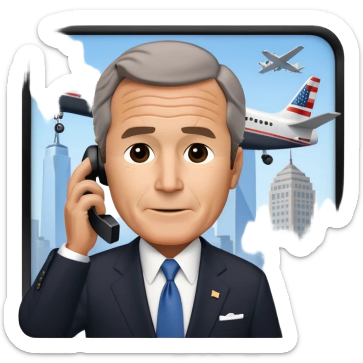  emoji of the world trade center with a plane crashed into it and george bush on a phone in front of them sticker