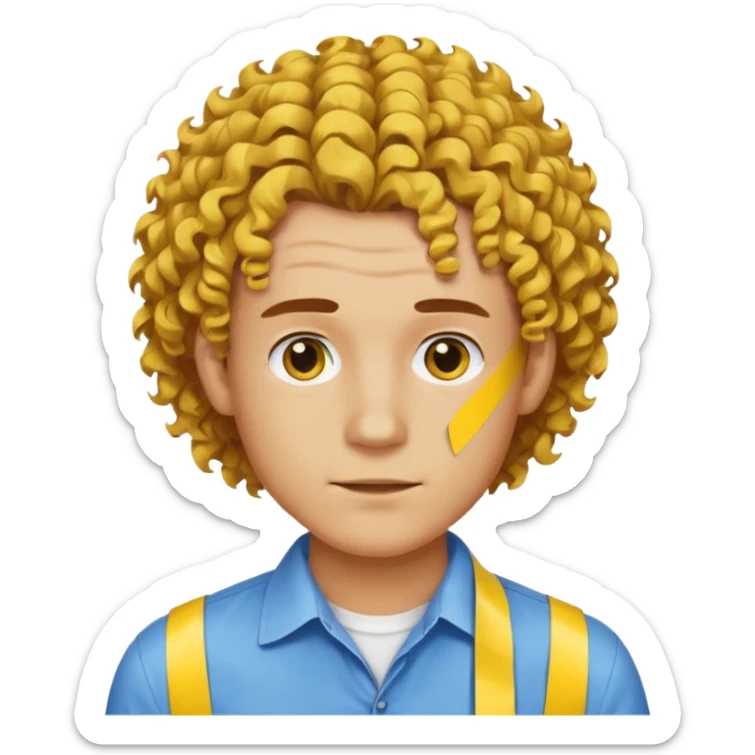 Make me an emoji that has a guy with a white shirt and yellow tape around the shirt with brown and blue spots hair make the hair curly make the yellow tape go around it sticker